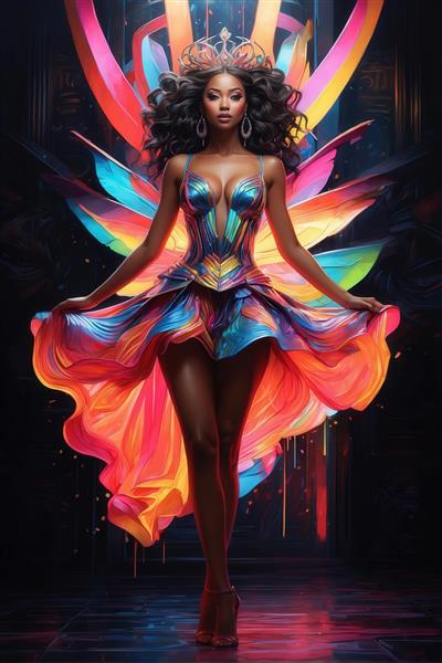 تصویر زن ایستاده با لباس پر انرژی رنگین‌کمان برای پوستر دکوراتیو عریض