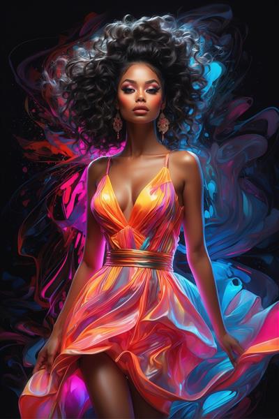 طرح زن تمام‌قد با لباس نارنجی نئونی و موهای فرفری برای پوستر دیواری