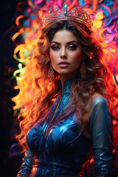 تصویر زن مو بلند با لباس براق آبی و تاج برای چاپ عریض روی پرده