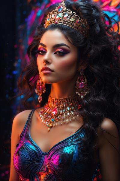 عکس پرتره زن با جواهرات لوکس و تاج فانتزی برای تابلو اتاق نشیمن