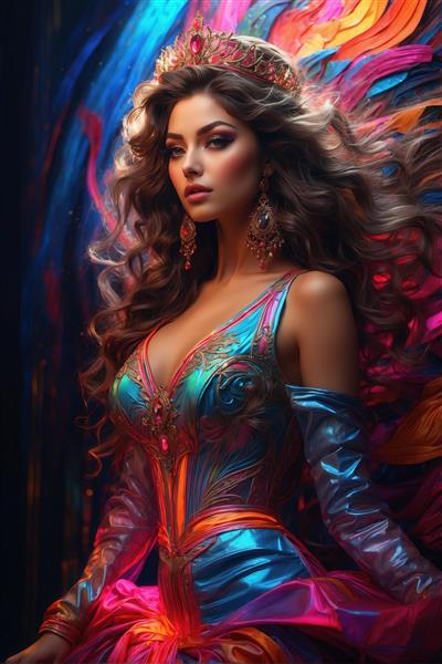 تصویر زن با لباس پر زرق و برق رنگین‌کمان و تاج برای پوستر دیواری