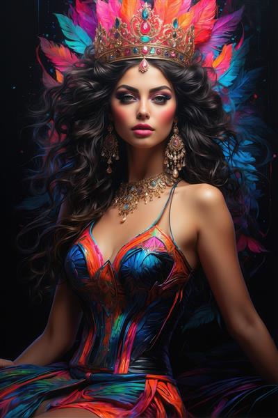 عکس زن با تاج پر فانتزی و جواهرات شیک برای چاپ روی بوم دکوراتیو