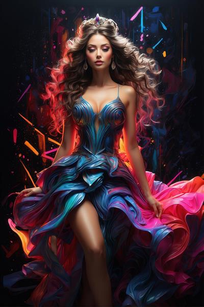 تصویر زن با موهای قهوه‌ای و لباس آبی و صورتی فانتزی برای پوستر دیواری