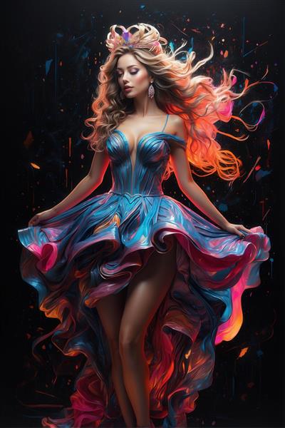 طرح زن بلوند با لباس آبی و صورتی فانتزی برای چاپ روی کوسن و ماگ