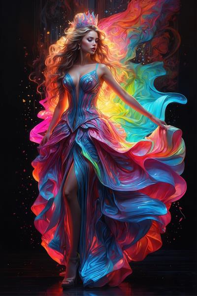 عکس زن با لباس بلند رنگین‌کمانی فانتزی برای چاپ روی تابلوهای خاص