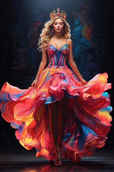 تصویر زن بلوند با لباس مجلسی شاد و پر زرق و برق برای چاپ روی بوم