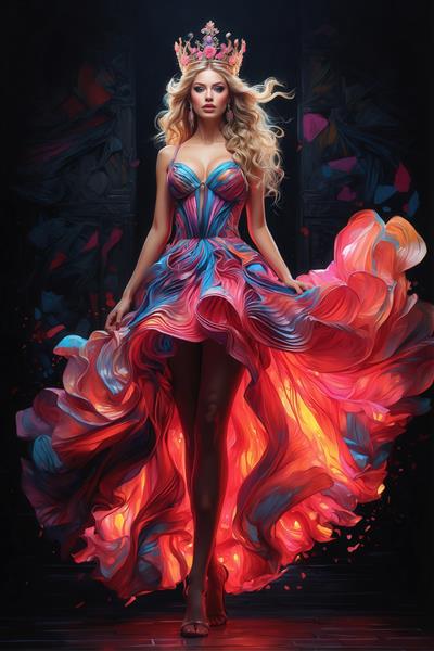 طرح زن با لباس رنگارنگ فانتزی برای چاپ روی پرده و محصولات چاپی