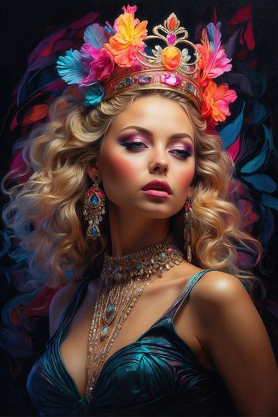 تصویر زن مو بلوند با جواهرات شیک و تاج گل برای چاپ روی کوسن و ماگ
