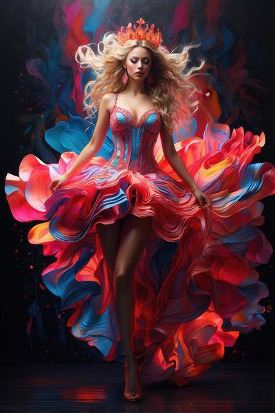عکس زن با لباس مجلسی فانتزی رنگارنگ برای چاپ روی بوم‌های خاص