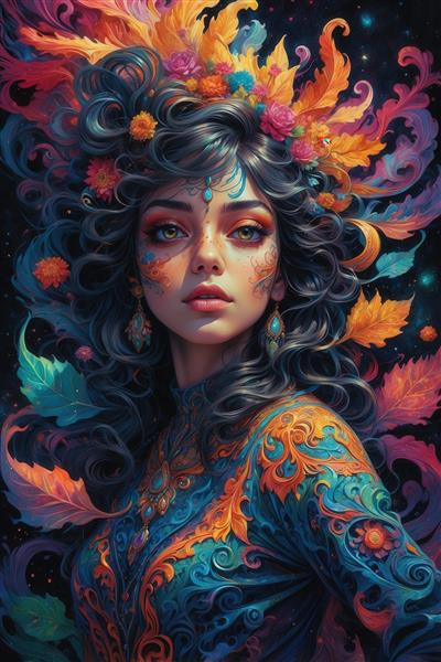 طرح صورت زن با لباس فیروزه‌ای و نارنجی برای چاپ پوستر دیواری باکیفیت