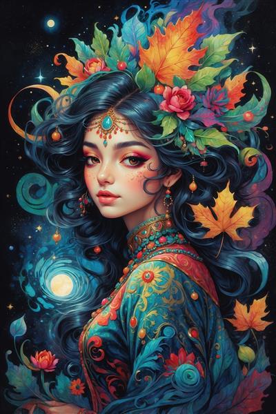 عکس زن هندی با تاج گل پاییزی و ماه کامل برای چاپ روی تابلو و ماگ