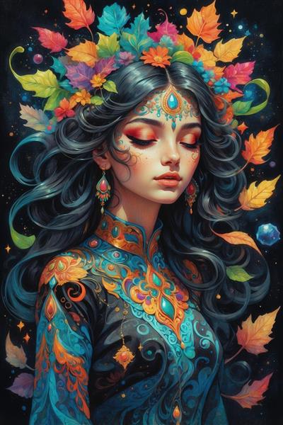 تصویر زن فانتزی با موهای تیره و تاج برگ‌های رنگی برای دکور اتاق خواب