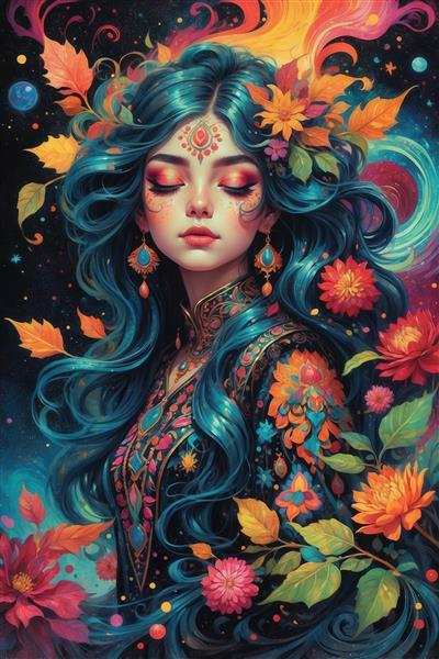 عکس زن زیبا با گل‌های پاییزی و لباس پر زرق و برق برای چاپ روی کوسن