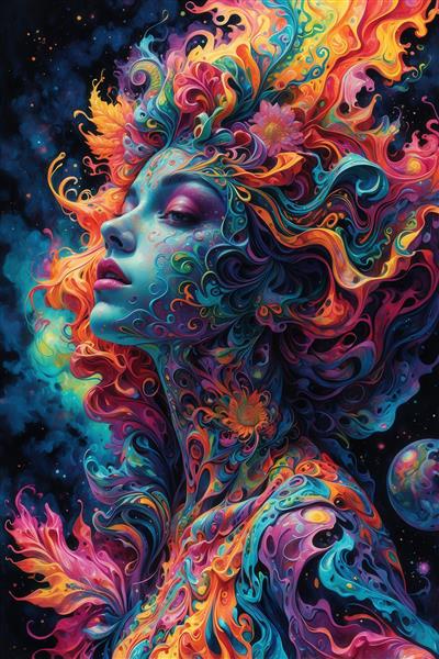 طرح انتزاعی صورت زن با رنگ‌های شاد و کهکشانی برای چاپ روی پرده