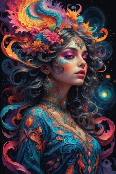 عکس زن با موهای فرفری و لباس پرنقش و نگار برای چاپ روی بوم و تابلو