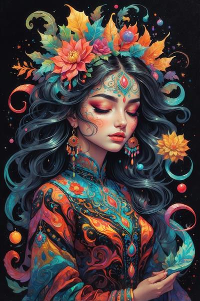 تصویر زن با موهای آبی تیره و لباس سنتی فانتزی برای پوستر دیواری