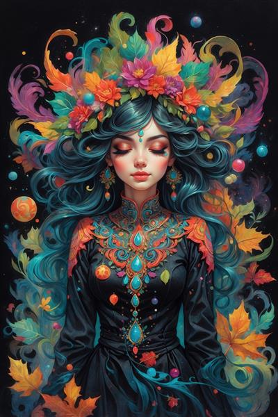 عکس زن زیبا با لباس مشکی و تاج گل فانتزی برای چاپ باکیفیت بالا