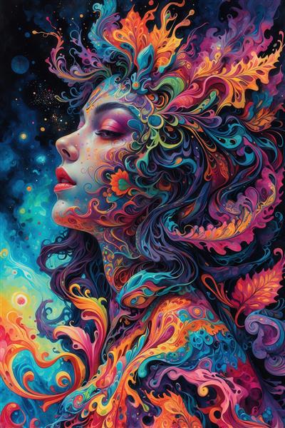 تصویر صورت زن با طرح‌های آبرنگی کهکشانی برای چاپ روی محصولات دکوراتیو