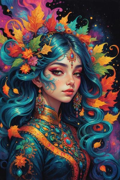 تصویر زن با موهای آبی اقیانوسی و تاج برگ‌های پاییزی برای دکوراسیون اتاق