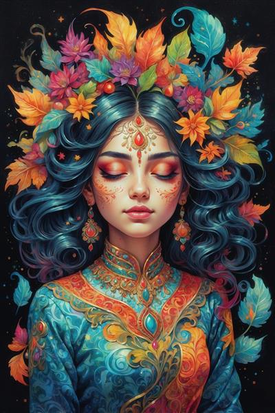 طرح پرتره زن با موهای تیره و تاج پاییزی برای چاپ روی ماگ و کوسن