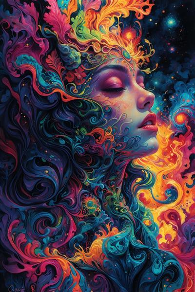 تصویر صورت زن فانتزی با طرح‌های کهکشانی و انتزاعی برای تابلو دیواری