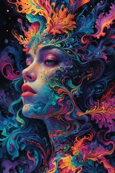 طرح پرتره زن با نقوش رنگارنگ فانتزی برای چاپ روی بوم و پرده