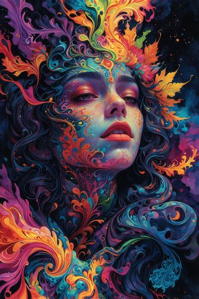 عکس صورت زن با نقوش آبرنگی فانتزی مناسب چاپ پوستر و تابلو دکوراتیو