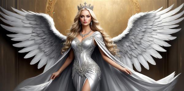 عکس ملکه فرشته بلوند با لباس نقره‌ای بلند برای چاپ عریض