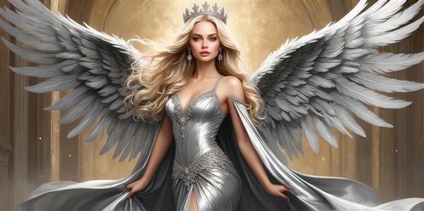تصویر فرشته زن بلوند با لباس نقره‌ای برای پوستر دیواری سلطنتی