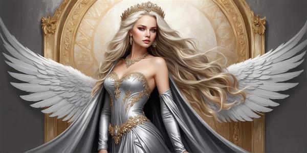 تصویر فرشته زن مو روشن با لباس نقره‌ای برای چاپ پرده