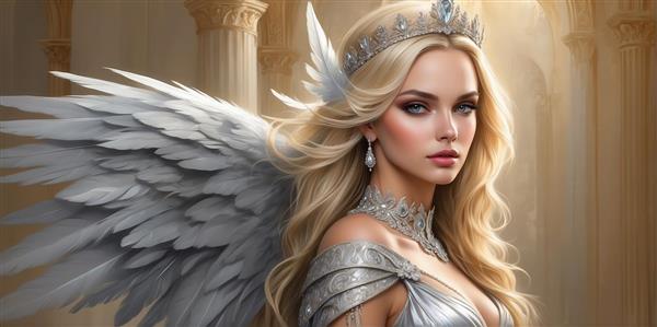 عکس الهه فرشته بلوند با تاج جواهر برای چاپ پوستر یونانی