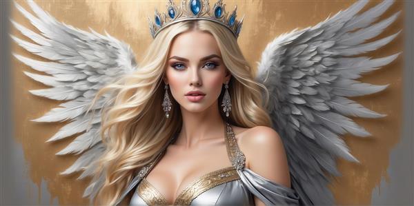 تصویر ملکه بلوند با بال‌های سفید برای پوستر دیواری طلایی