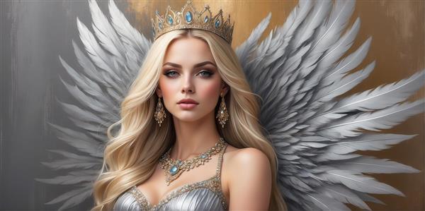طرح پرتره فرشته بلوند با تاج نقره‌ای برای چاپ باکیفیت