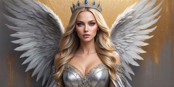 عکس فرشته بلوند با تاج نقره‌ای و نگین آبی برای تابلو