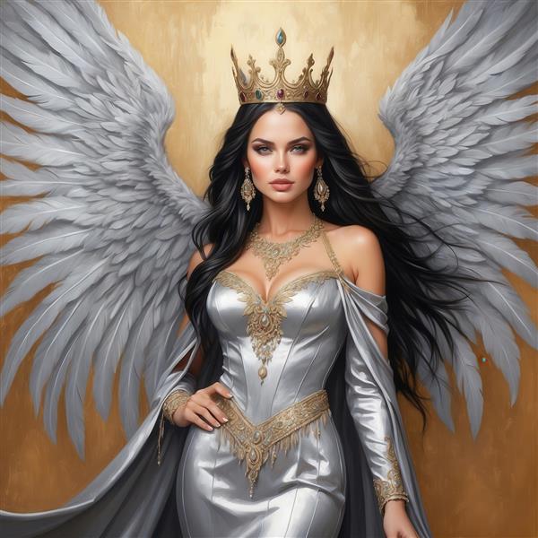 تصویر ملکه فرشته با لباس ساتن طلایی برای پوستر دیواری لوکس
