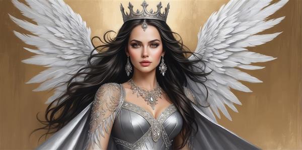 عکس بانوی فرشته با لباس نقره‌ای برای چاپ روی پرده و کوسن