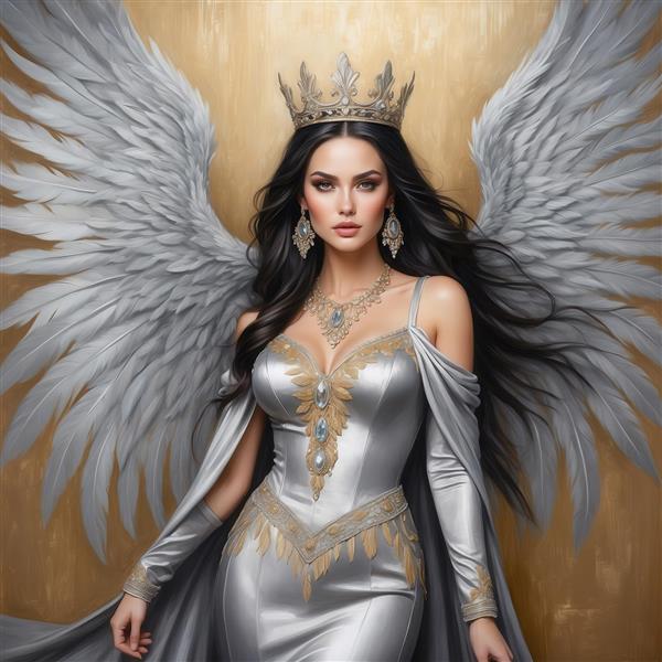 عکس ملکه فرشته با لباس نقره‌ای برای پوستر دکوراتیو طلایی