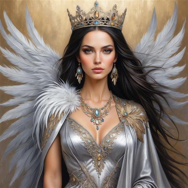 عکس ملکه فرشته با لباس نقره‌ای و شنل خز سفید برای تابلو پذیرایی