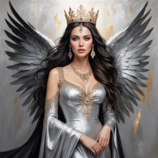 پرتره ملکه فرشته با بال‌های نقره‌ای در لباس مجلسی شیک با پس‌زمینه روشن
