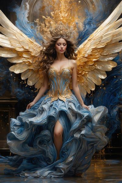 عکس فرشته ملکه با بال طلایی و لباس آبی سلطنتی برای روتختی