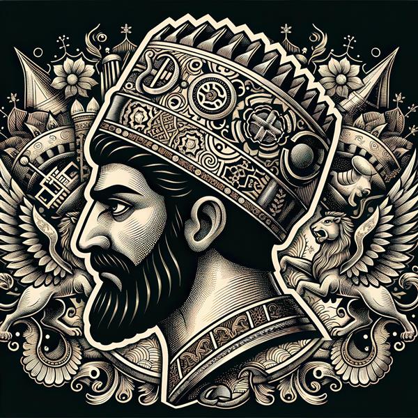 پرتره پادشاه هخامنشی با پس‌زمینه سنتی ایرانی برای پوستر دیواری