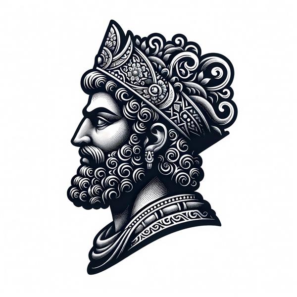 طرح تاتو پادشاه هخامنشی با ریش و کلاه پر نقش برجسته برای چاپ