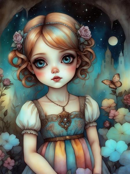 پرتره دخترک کارتونی با لباس رنگارنگ و پس‌زمینه قصر برای پوستر فانتزی