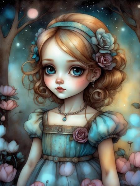 تصویر دخترک کارتونی فانتزی در جنگل با تم شب پرستاره برای تابلو