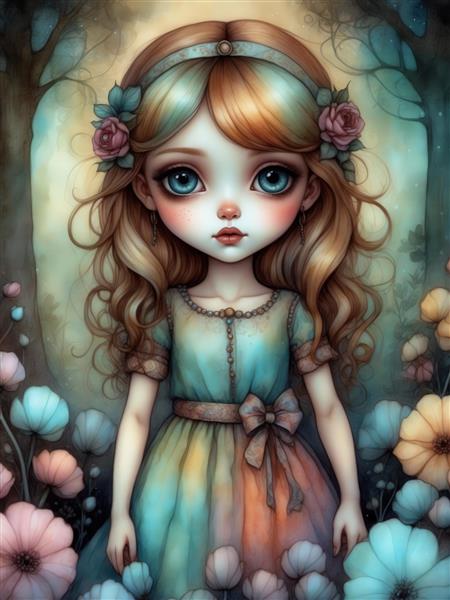 طرح دخترک عروسکی فانتزی با موهای بلند برای پوستر دیواری اتاق نوجوان