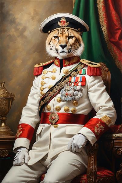 عکس پرتره یوزپلنگ با یونیفرم سفید سلطنتی پر مدال ارتش ایران
