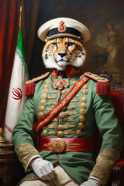طرح پرتره چیتا نظامی سلطنتی در یونیفرم سبز با پس‌زمینه پرچم ایران