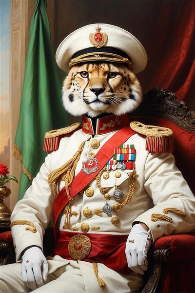 تصویر یوزپلنگ ایرانی در یونیفرم سفید سلطنتی با نشان‌ها برای چاپ روی پرده