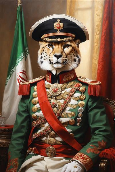 عکس یوزپلنگ با لباس سلطنتی سبز و سفید و پرچم ایران برای دکور منزل