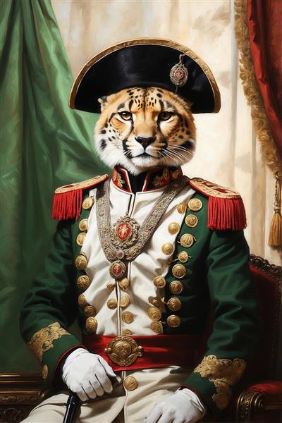 پرتره یوزپلنگ ایرانی با یونیفرم ارتشی سبز و کلاه تاریخی برای تابلو کلاسیک